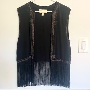 Cleobella copper embroidered black fringe vest